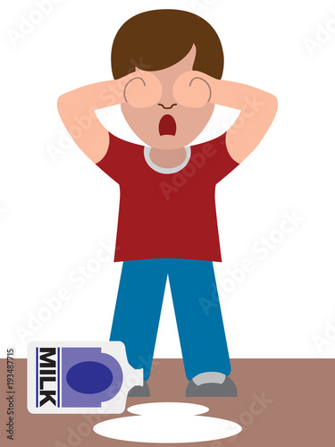 A child is crying because he has just spilled the milk