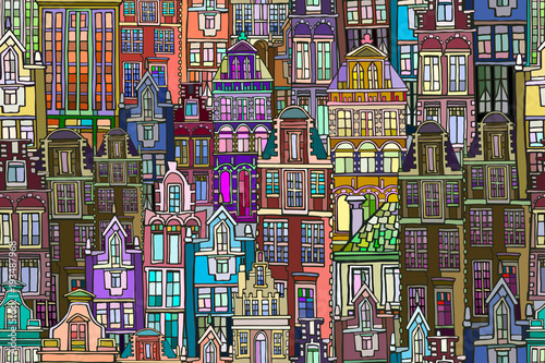 Vector seamless pattern with Dutch fictional vintage houses. Hand drawn.