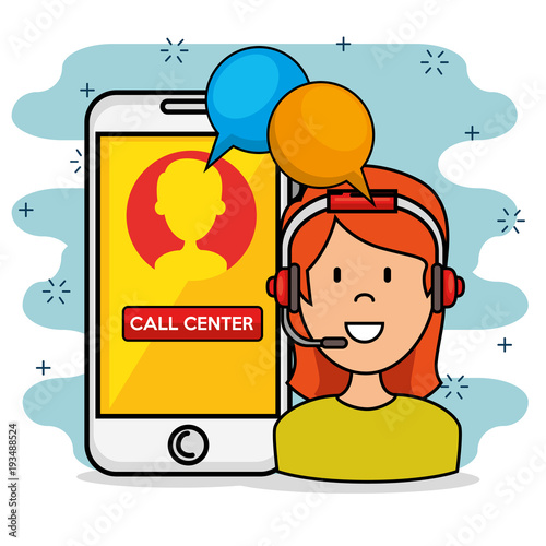 Woman with headset speaking call center support service and smarphone, vector illustration