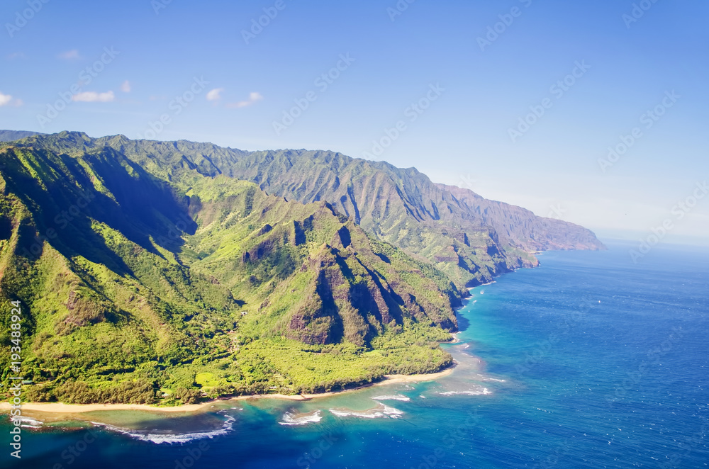 Coastline of Napali Coast State Wilderness Park in Hawaii seen from above (helicopter)