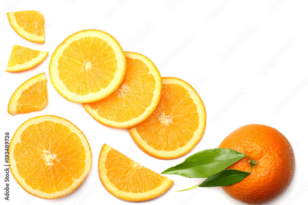 healthy food. sliced orange with green leaf isolated on white background top view healthy food. sliced orange with green leaf isolated on white background top view