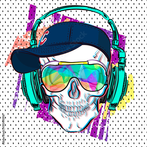 Ð¡olor summer print with skull. Vector sketch.