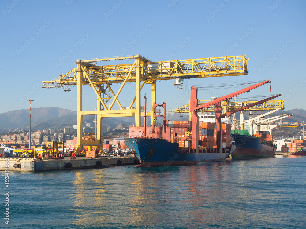 cargo ships loaded by  yellow cranes  in the port