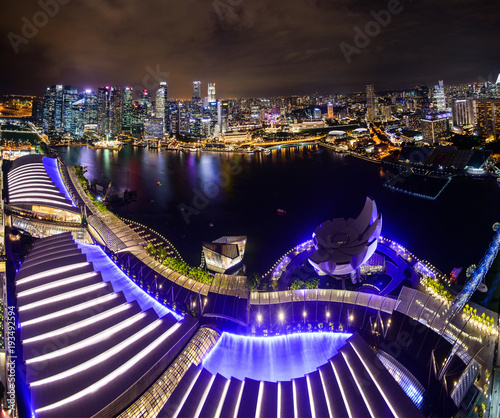 Photography Singapore city skyline at Marina Bay view from Singapore Flyer at night