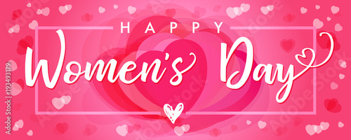 Happy Womens Day elegant lettering pink hearts banner. Invitations for the International Women's Day, 8 March with calligraphy text and heart in frame