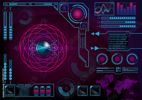 Futuristic radar atom user interface. HUD. Infographics futuristic blue background. GUI hologram set with world map.  Lungs, heart, batteries. Vector EPS 10.