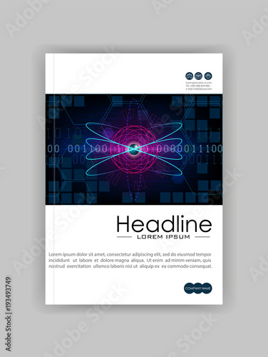 Futuristic future sci fi atom with internet technology and business interface background with numbers. Infographic data. HUD. Cover template for journals, conference, banner, book. Vector