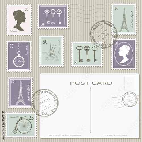 Elegant vintage postage stamps set with postcard. Vector illustration.