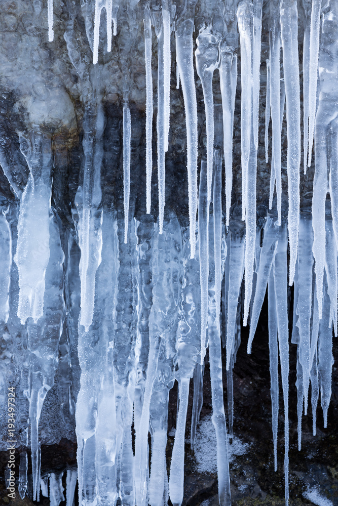 Row of big frosty icicles in nature Row of big frosty icicles in nature