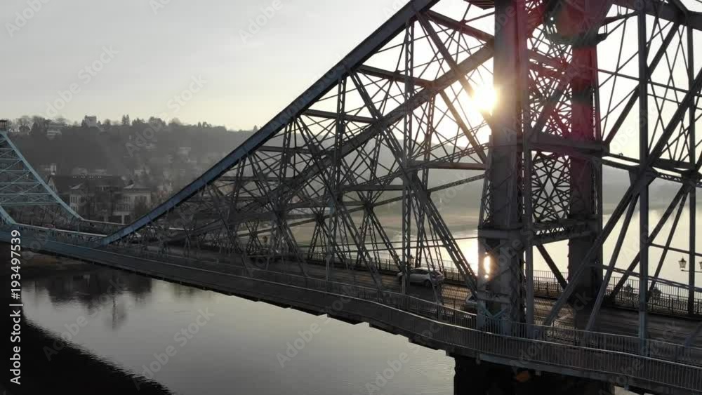 Aerial drone shot of Dresden Loschwitzer Bridge Blaues Wunder early morning with beautiful sunrise scenery Germany Aerial drone shot of Dresden Loschwitzer Bridge Blaues Wunder early morning with beautiful sunrise scenery Germany