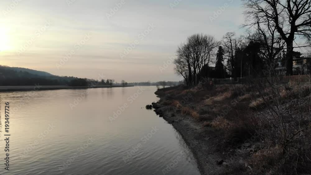 Aerial drone shot of Dresden TV television tower early morning with Elbe river scenery Aerial drone shot of Dresden TV television tower early morning with Elbe river scenery