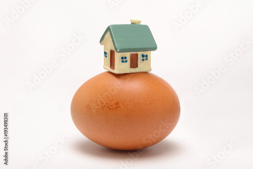 Small house stands on a brown egg on a white background