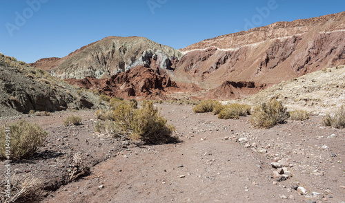 Rainbow Valley (Valle Arcoiris), in the Atacama Desert in Chile. The mineral rich rocks of the Domeyko mountains give the valley the varied colors from red to green.