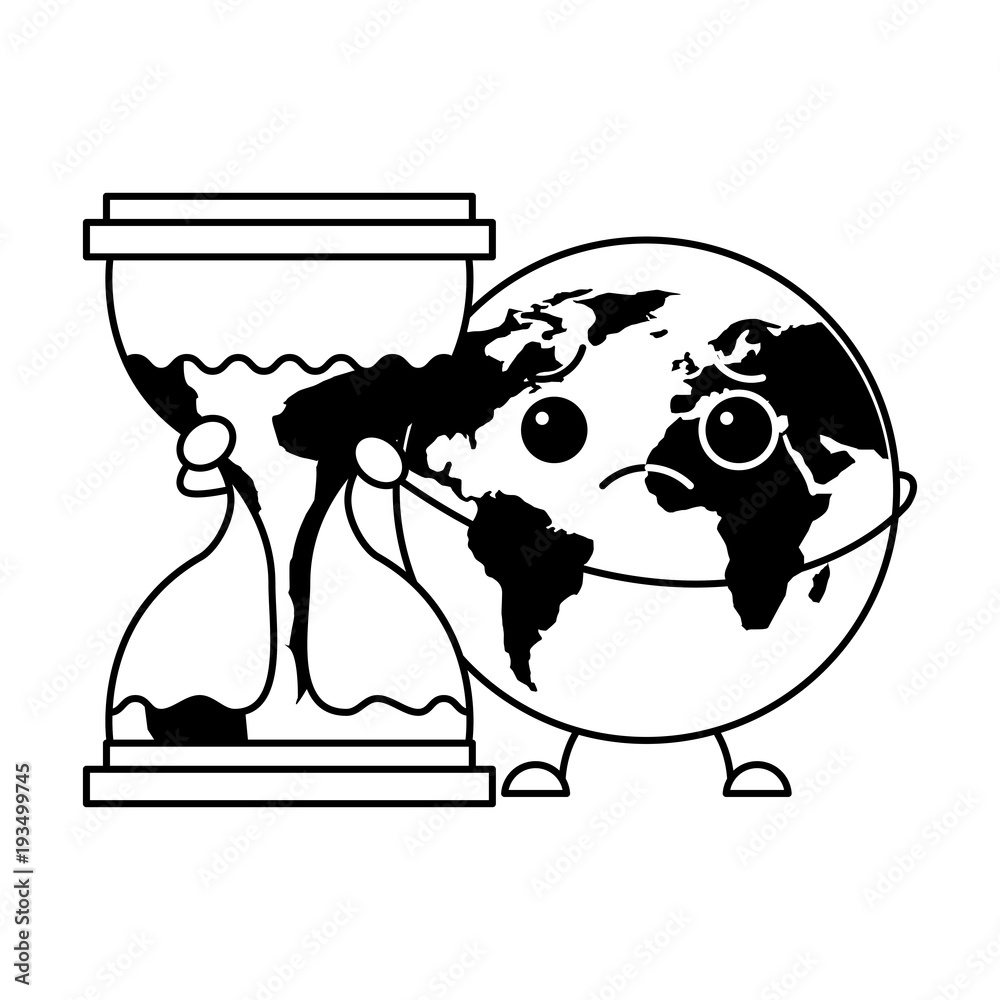 cartoon sad earth planet embrace hourglass clock vector illustration  outline graphic Stock Vector | Adobe Stock