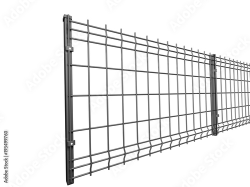 grey  grating wire industrial fence panels, pvc metal fence panel 3d illustration on isolated white background