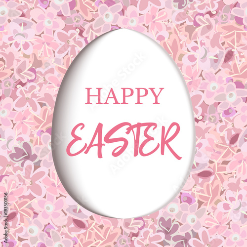 Happy Easter. paper cut Decorated white flat egg on pink flower background carnation, crane's-bill or meadow geranium wildflower, violet