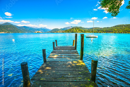 Orta Lake landscape. Wooden...