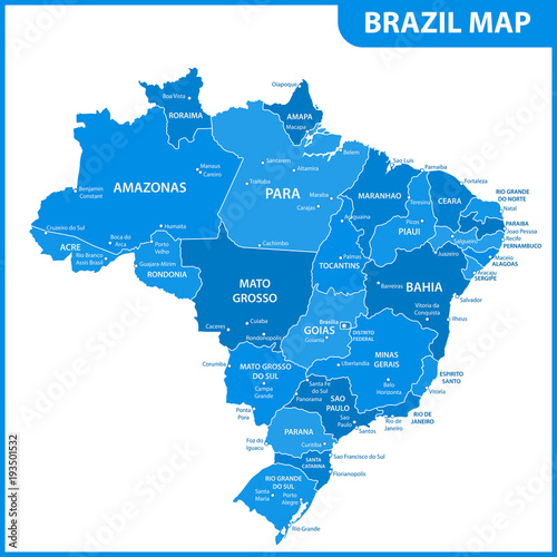 The detailed map of the Brazil with regions or states and cities, capitals