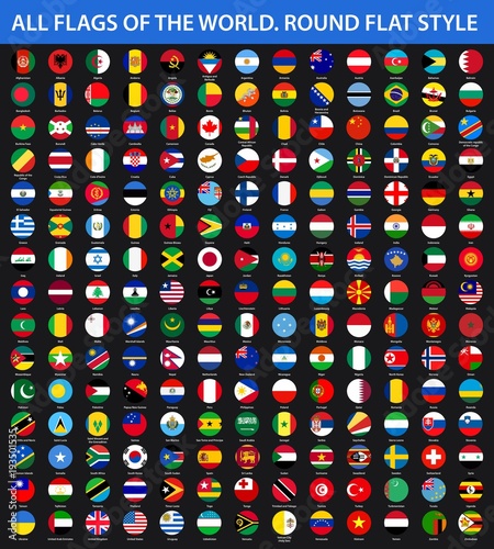 All flags of the world in alphabetical order. Round flat style