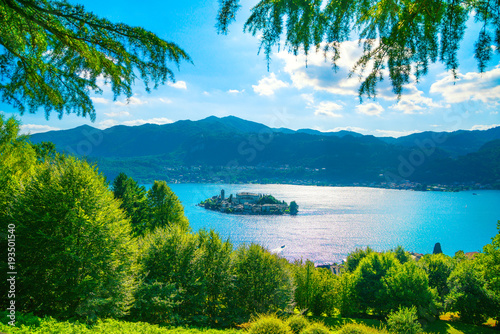 Orta Lake landscape. San Giulio island view from Sacro Monte. Italy photo