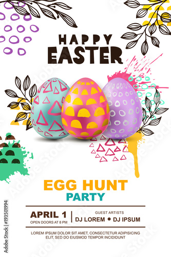 Easter egg hunt party vector poster design template. 3d decorative egg on watercolor splashes abstract background. Concept for banner, flyer, invitation, greeting card, holiday backgrounds.