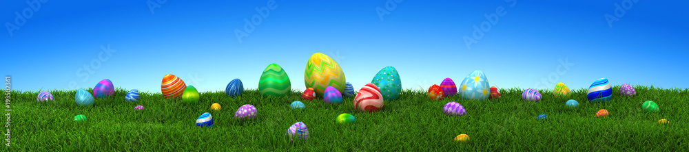 Colorful Easter eggs on green grass with blue sky - 3d render
