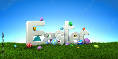 Easter text with colorful eggs on green grass with blue sky - 3d render