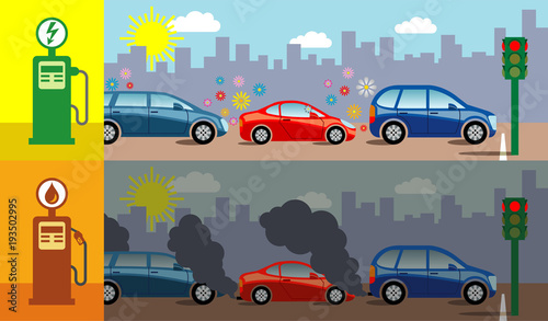 symbolic vector illustration showing the air pollution produced by petrol cars compared to electric cars