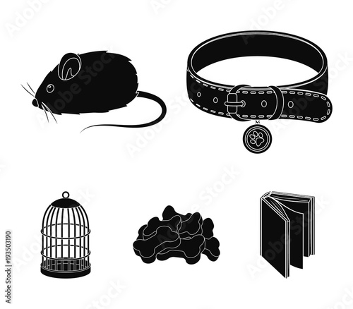 A collar, a forage, a toy, a cage and other products of the zoo store.Pet shop set collection icons in black style vector symbol stock illustration web.