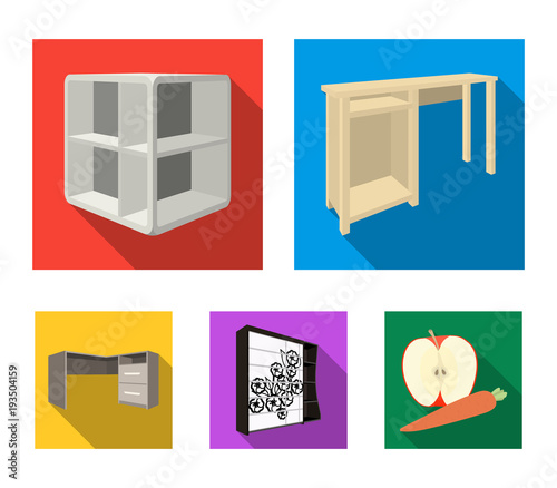 Dressing table, corner shelves, computer desk, wardrobe with glass. Bedroom furniture set collection icons in flat style vector symbol stock illustration web.