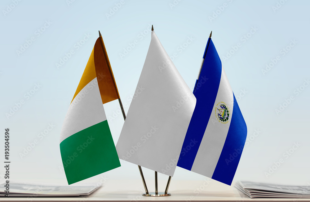 Obraz premium Flags of Ivory Coast and El Salvador with a white flag in the middle