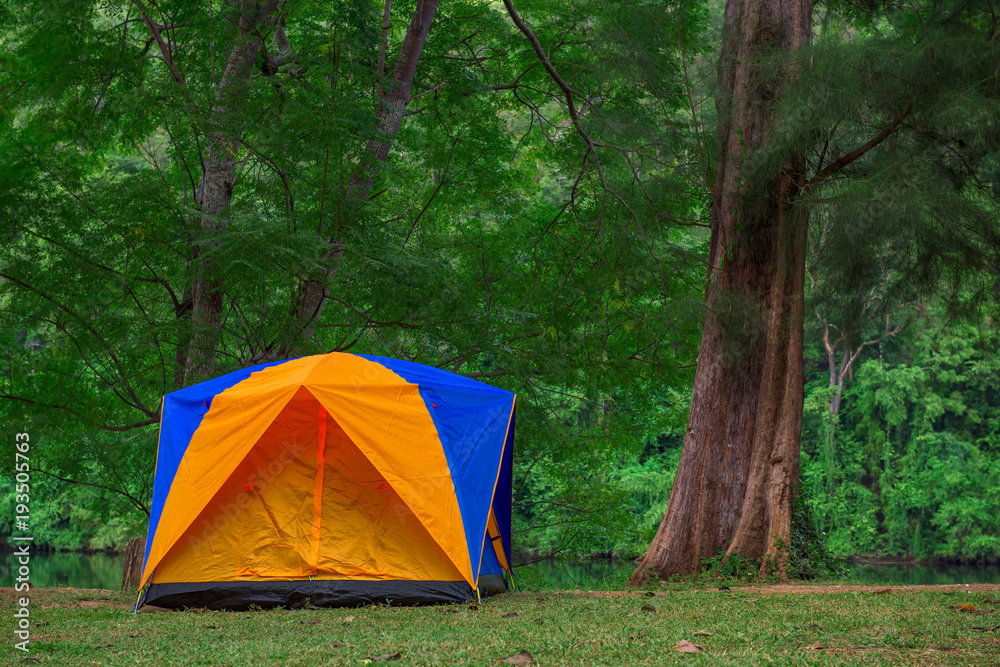 Camping and tent near river with view mountain