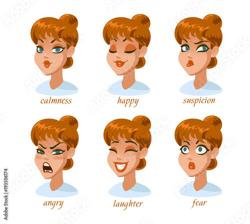 Woman character expressions set. calmness, happy, suspicion, fear, angry, laughter, sadness, desire.
