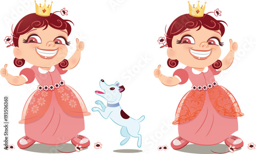 фотографія happy princess giving thumbs up in a pink dress with flowers, pet dog