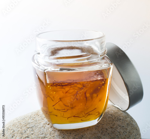 a jar with exotic saffron blended honey