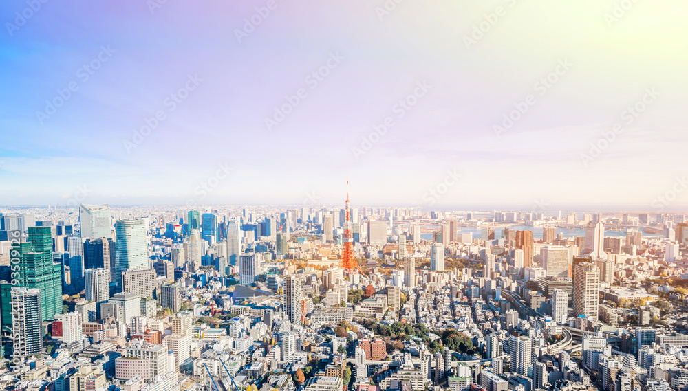 Asia Business concept for real estate and corporate construction - panoramic modern city skyline bird eye aerial view of tokyo tower and odaiba under blue sky in Roppongi Hill, Tokyo, Japan