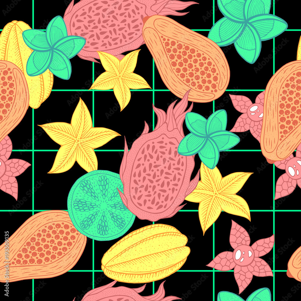 Tropical fruit seamless pattern on black background. Colorful graphic food wallpaper for textile, fabric, web design. Doodle vector illustration