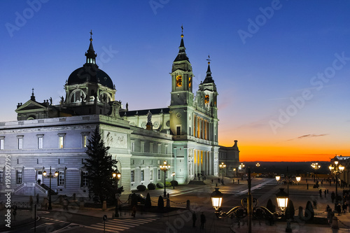 Sunset view of Almudena Cathedral in City of Madrid, Spain