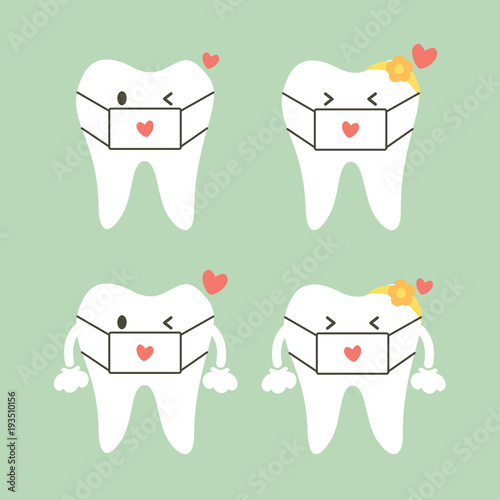 set of happy healthy tooth couple, smiling with dental mask