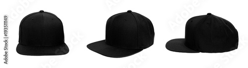 Blank baseball snap back cap color black on white background photo