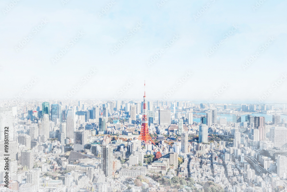 Asia Business concept for real estate and corporate construction - panoramic modern city skyline bird eye aerial view of odaiba in Roppongi Hill, Tokyo, Japan. Mix hand drawn sketch illustration