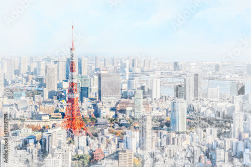 Asia Business concept for real estate and corporate construction - panoramic modern city skyline bird eye aerial view of odaiba in Roppongi Hill, Tokyo, Japan. Mix hand drawn sketch illustration photo