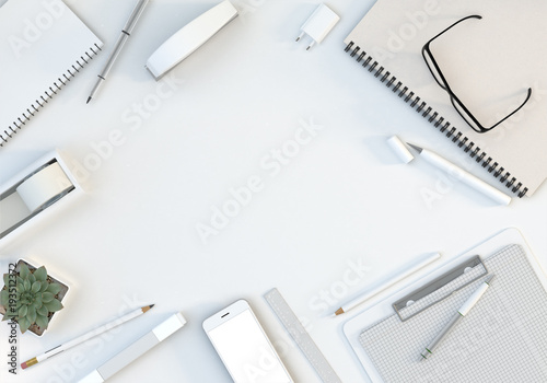 Office desk workspace with computer keyboard, stationery set and smartphone on wooden table. Top view. Flat lay design with copy space. Business desk, back to school, office work concept. 3D