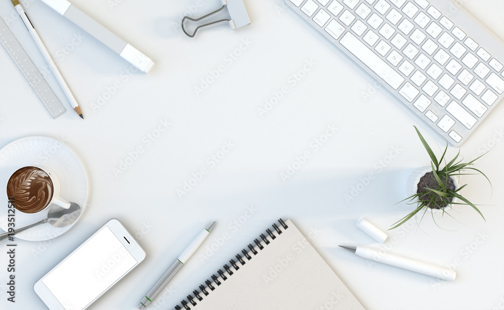 Office desk workspace with computer keyboard, stationery set, smart phone, coffee cup on wooden table. Top view. Flat lay design with copy space. Business desk, back to school, office work concept. 3D Office desk workspace with computer keyboard, stationery set, smart phone, coffee cup on wooden table. Top view. Flat lay design with copy space. Business desk, back to school, office work concept. 3D