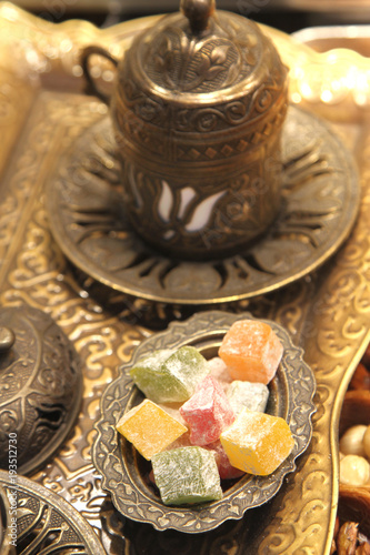 Turkish delight with Ottoman metal plate and coffee cup