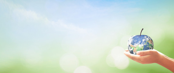 Hand holding globe apple on green nature background for environment and sustainability concept