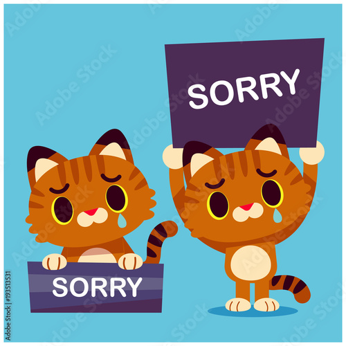 Vector illustration of cute cat characters holding sign with text 'Sorry' 
