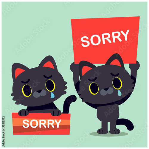 Vector illustration of cute cat characters holding sign with text 'Sorry'