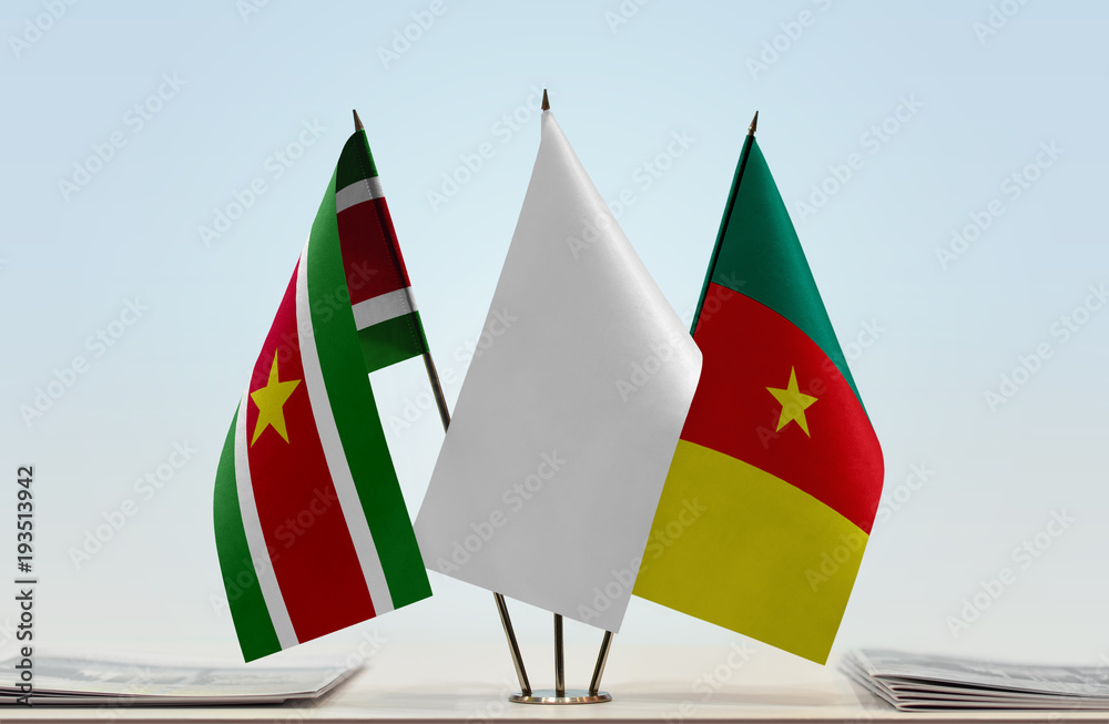 Flags of Suriname and Cameroon with a white flag in the middle