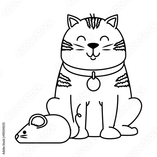 cute cat mascot with mouse vector illustration design